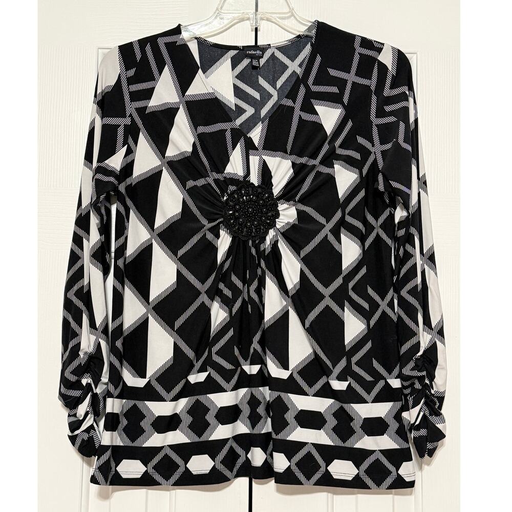 Rafaella Petite Geometric Print Beaded Tunic Top, Black & White, Size M